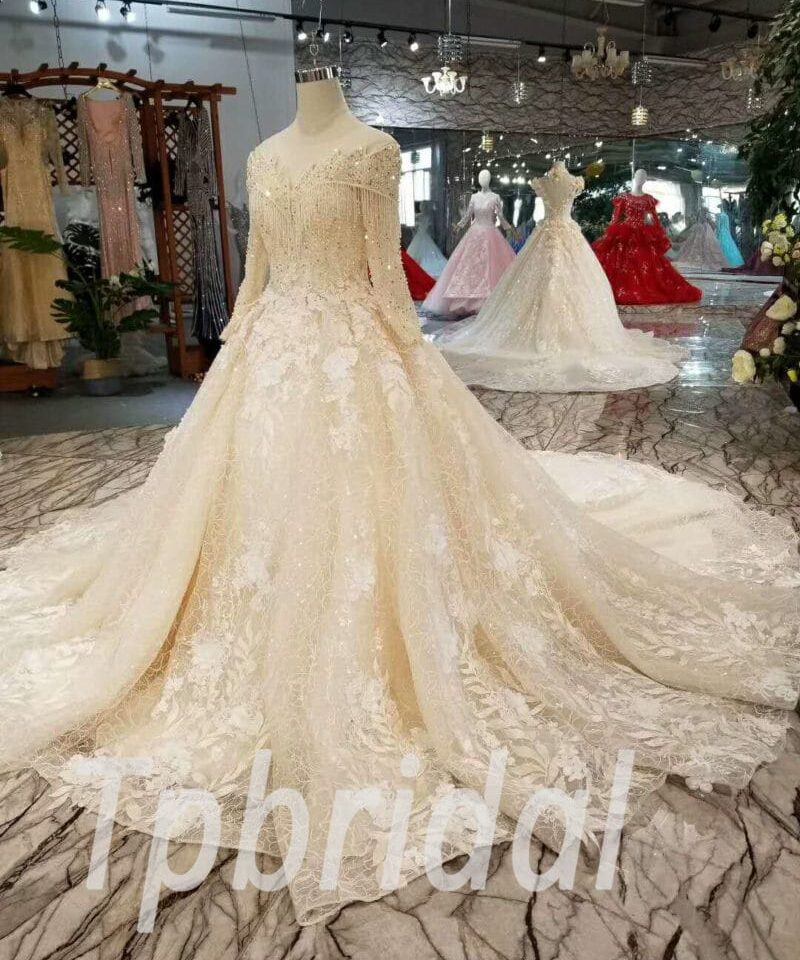 champagne lace wedding dress-20363-01