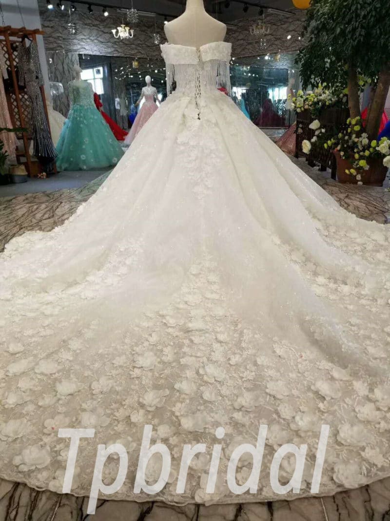Custom Made Wedding Dress White Crystal Flowers Train