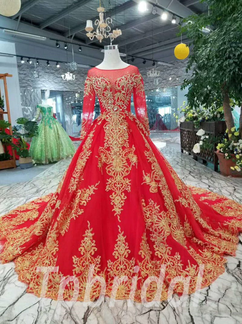 Red And Gold Wedding Dress Long Sleeve A Line With Train