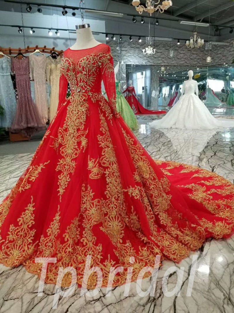Red And Gold Wedding Dress Long Sleeve A Line With Train