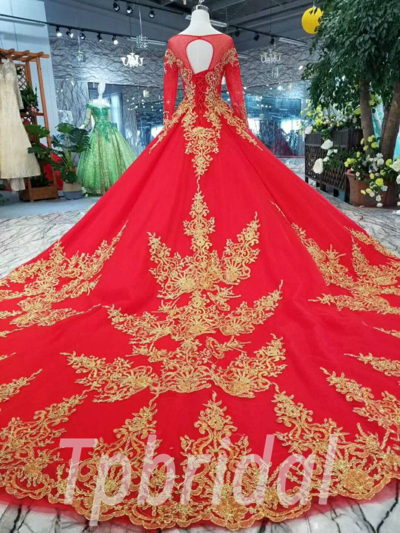 Red And Gold Wedding Dress Long Sleeve A Line With Train