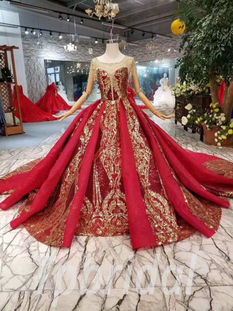 burgundy and gold wedding dress