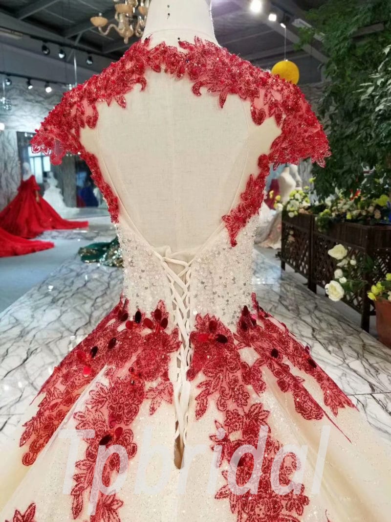 white prom dress with red flowers