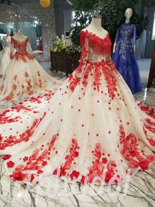 Red And White Quinceanera Dress Lace Long Sleeve Ball Gown