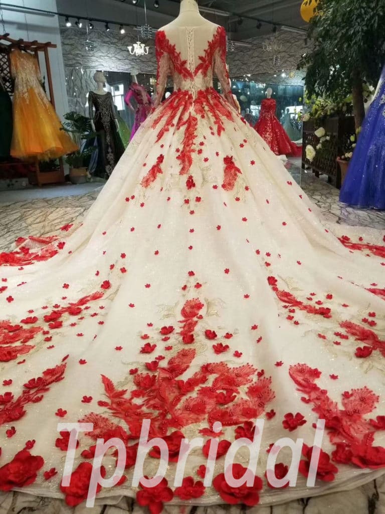 Red And White Quinceanera Dress Lace Long Sleeve Ball Gown