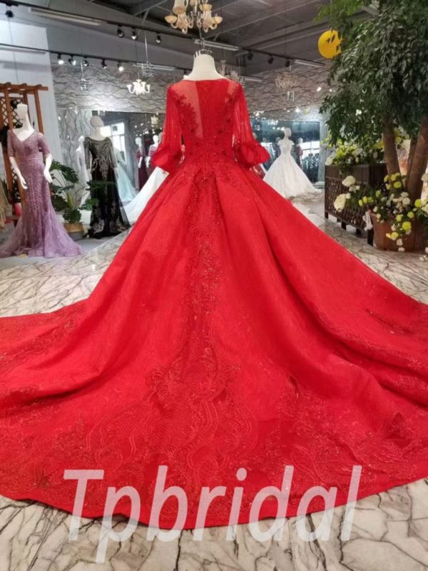 Red Ball Gown Prom Dress V Neck Lace Wedding Dress Sale