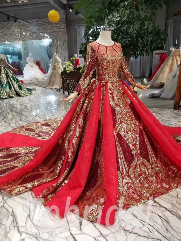 Red Bridal Dress Long Sleeve Ball Gown Train Formal Dress