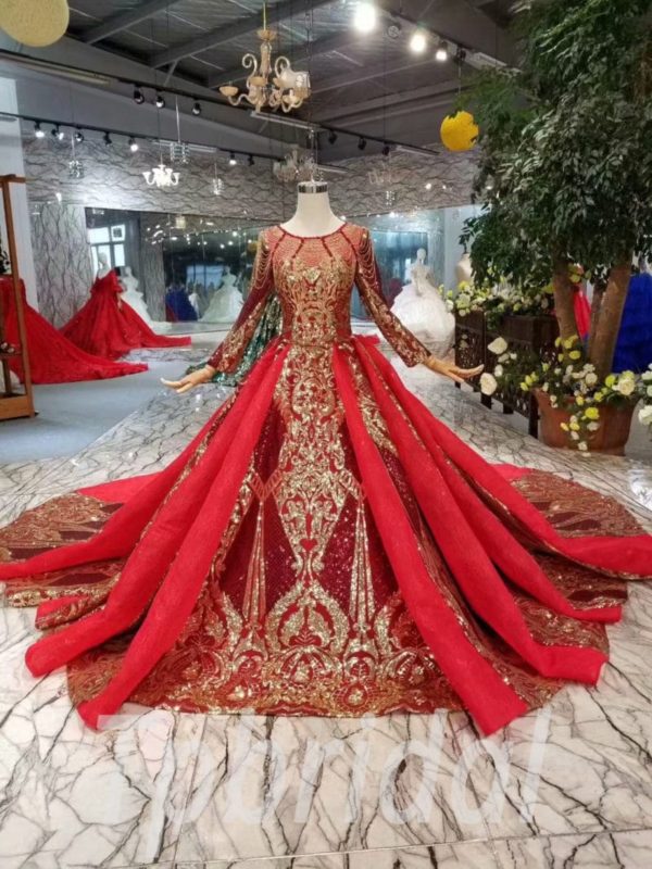 Red Bridal Dress Long Sleeve Ball Gown Train Formal Dress
