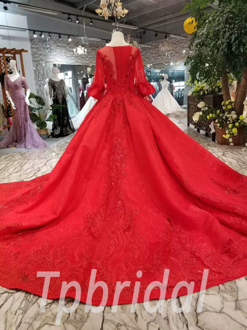 Red Wedding Dress Plus Size Hand Made Lace Ball Gown