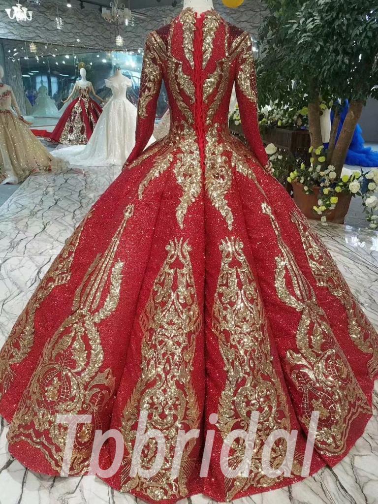 V Neck Prom Dresses Red And Gold Long Sleeve Ball Gown