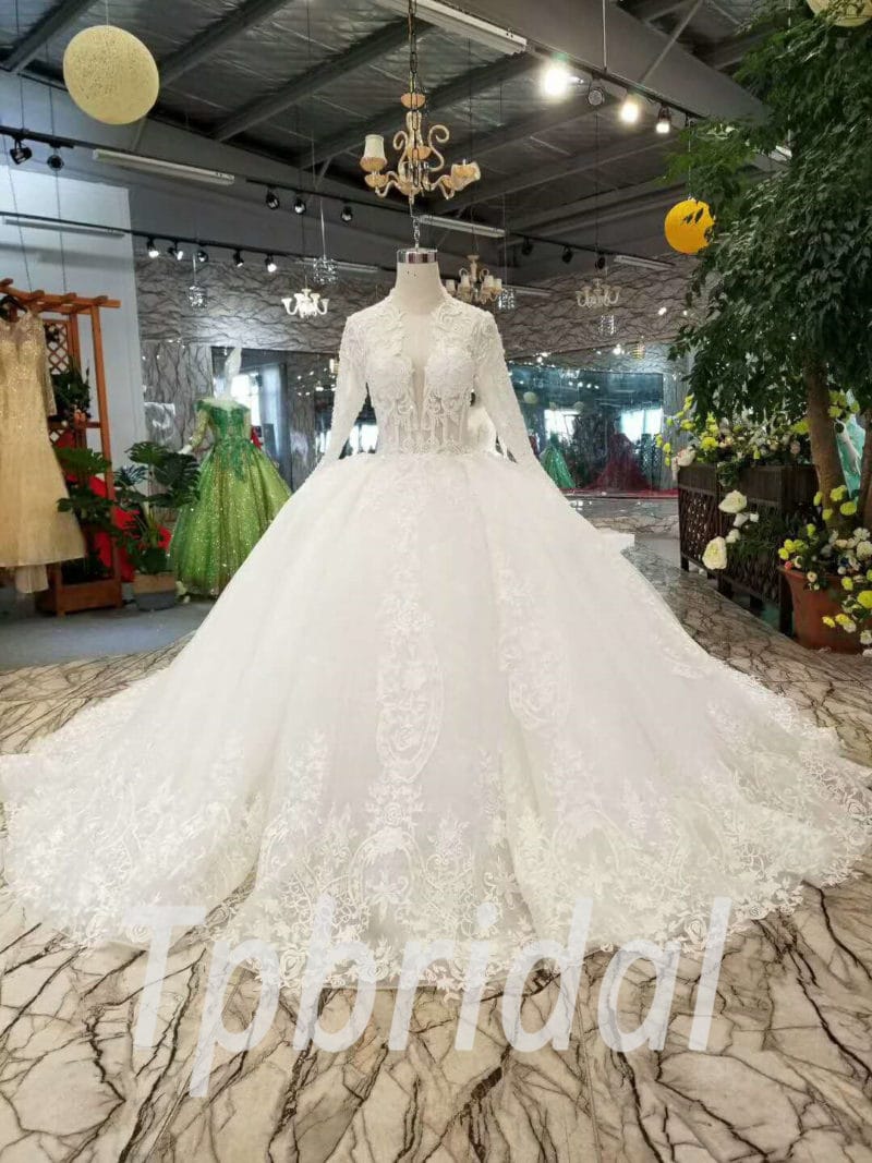 White Wedding Dress With Sleeves Ball Gown Long Train
