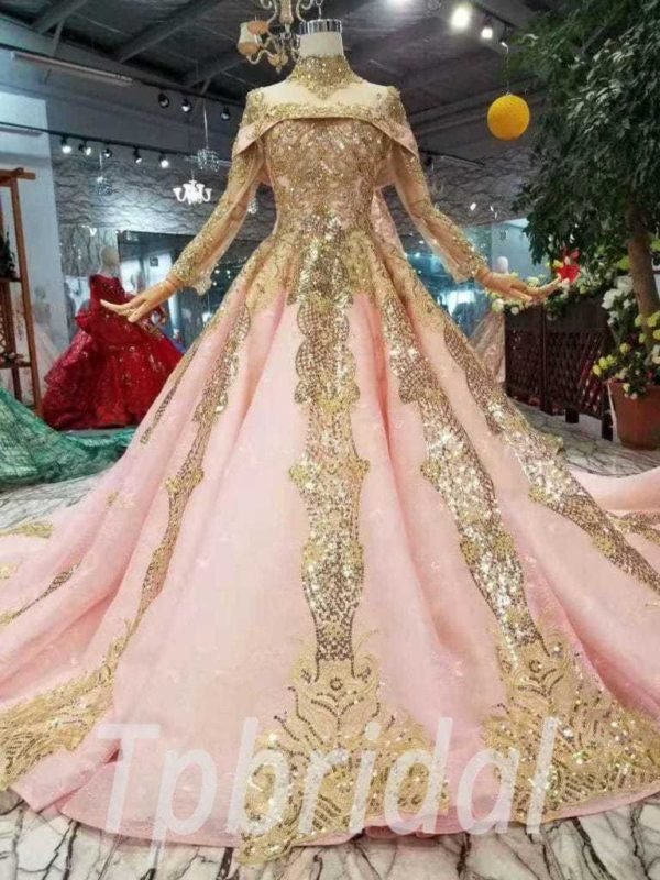 Pink And Gold Wedding Dress Lace Long Sleeve With Train
