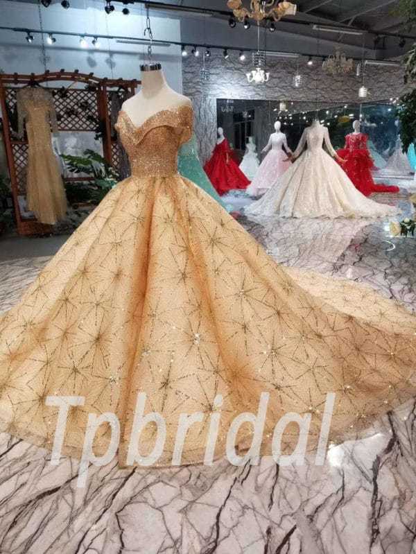 Gold Prom Dress Plus Size Off The Shoulder Ball Gown