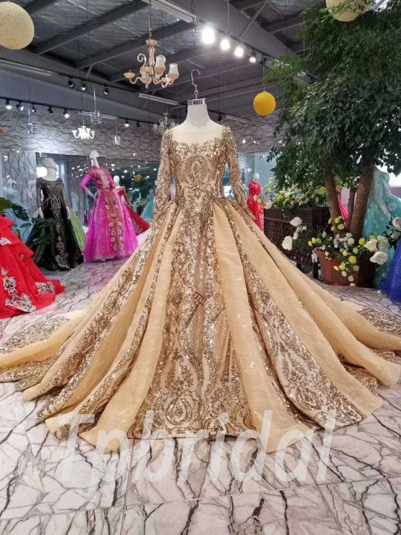 Gold Wedding Gown Bling Lace Long Sleeve Train