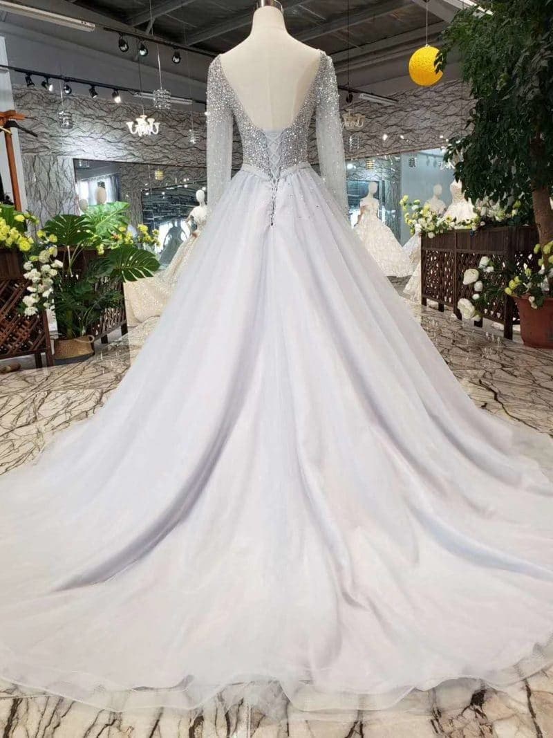 A Line Grey Prom Dress Long Sleeve Hand Made Sale