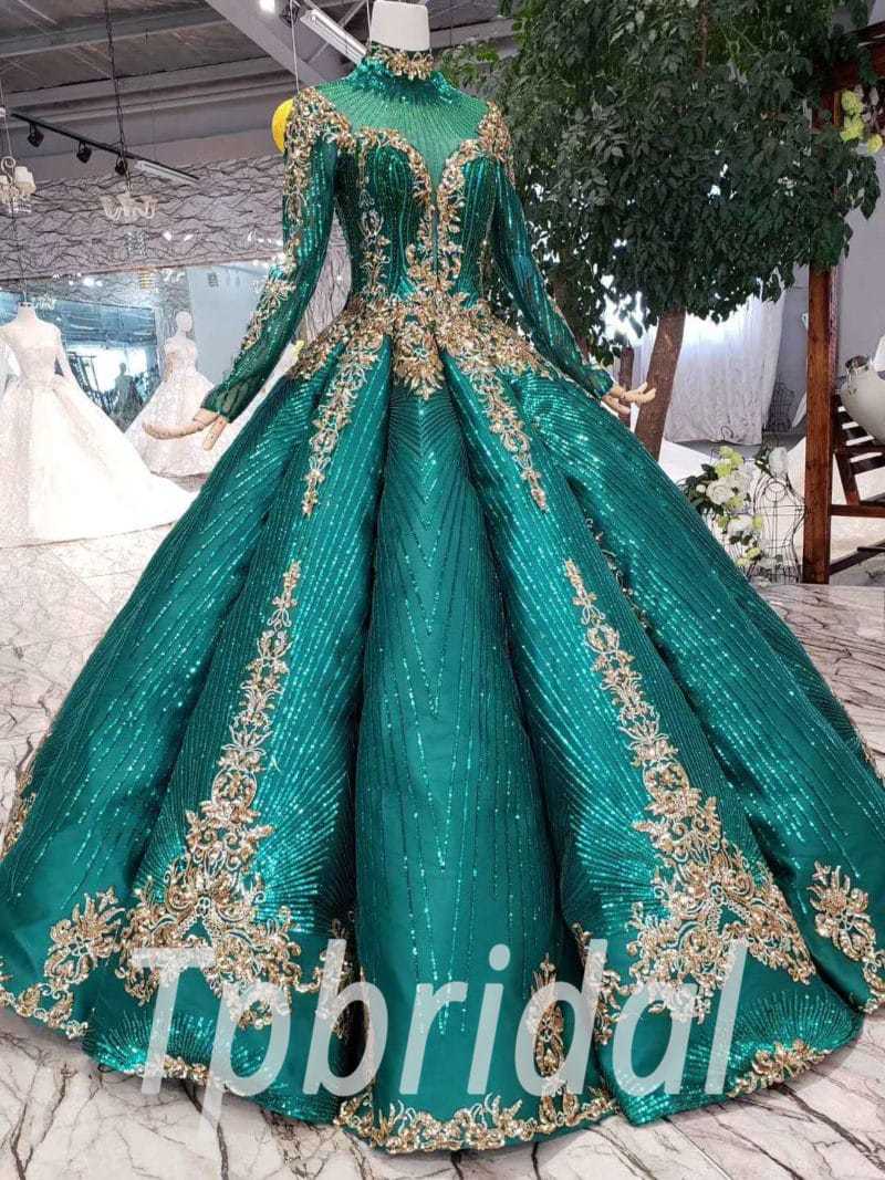 green ball gown with sleeves