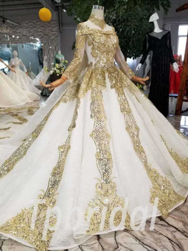 Gold And White Wedding Dress High Neck Lace Prom Dress