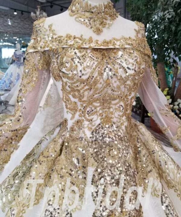 Alternative view of Gold And White Wedding Dress High Neck Lace Prom Dress
