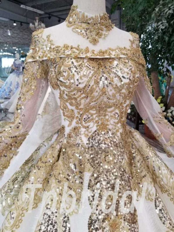 Gold And White Wedding Dress High Neck Lace Prom Dress