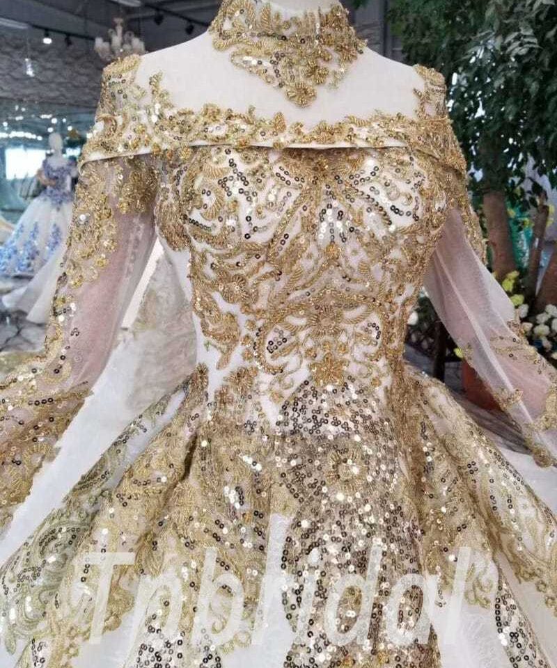 Alternative view of Gold And White Wedding Dress High Neck Lace Prom Dress