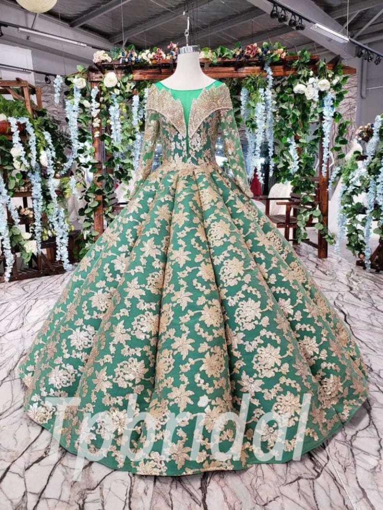 Green And Gold Prom Dress Long Sleeve Ball Gown Quinceanera