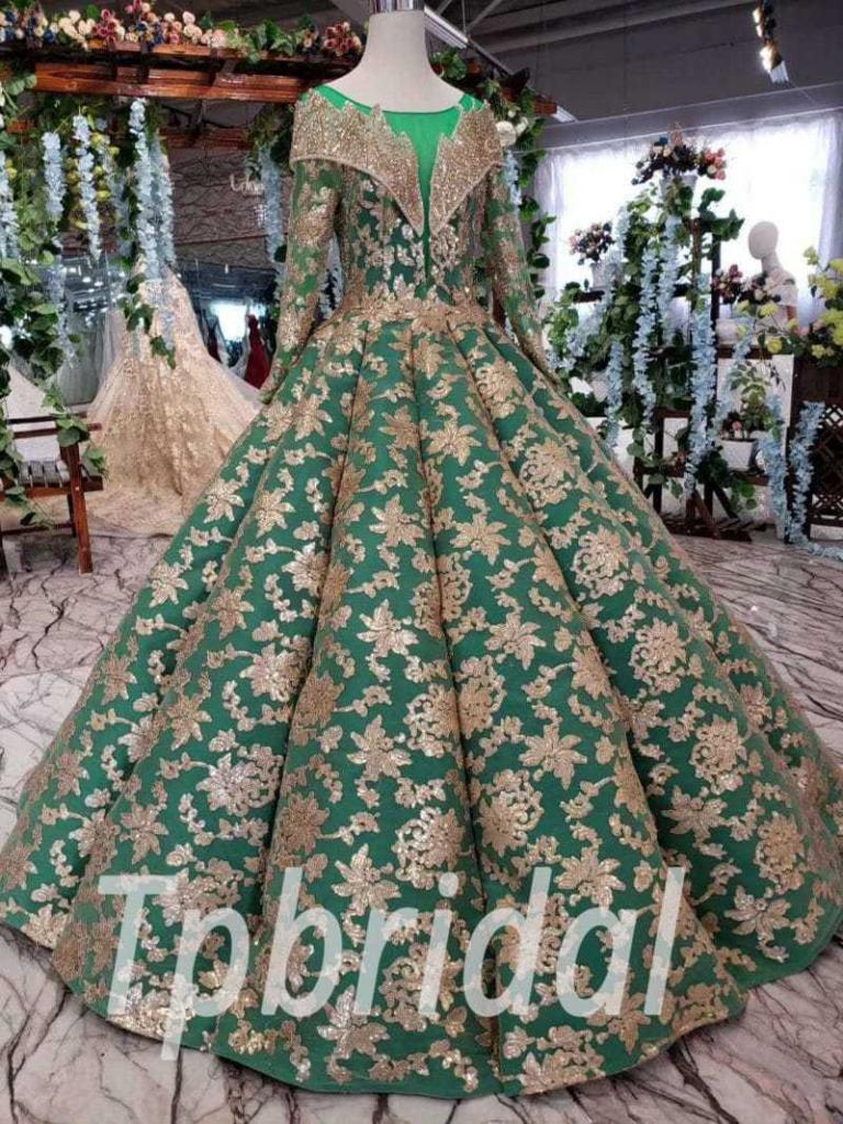 Green And Gold Prom Dress Long Sleeve Ball Gown Quinceanera
