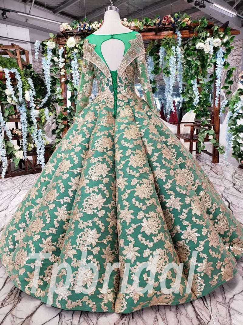 Green And Gold Prom Dress Long Sleeve Ball Gown Quinceanera