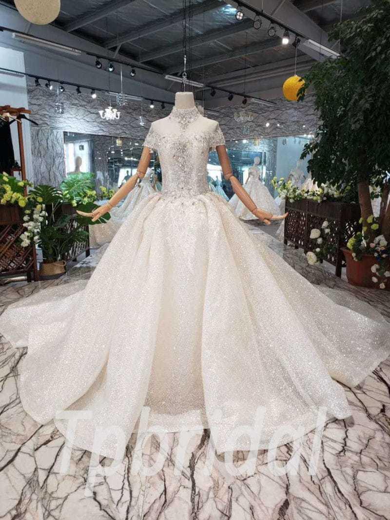High Neck Wedding Dress Bling Ball Gown Champagne Train, image size:800x1066