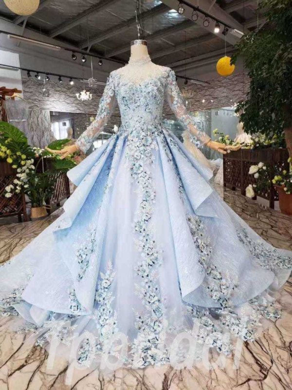Light Blue Prom Dress High Neck Long Sleeve Quinceanera