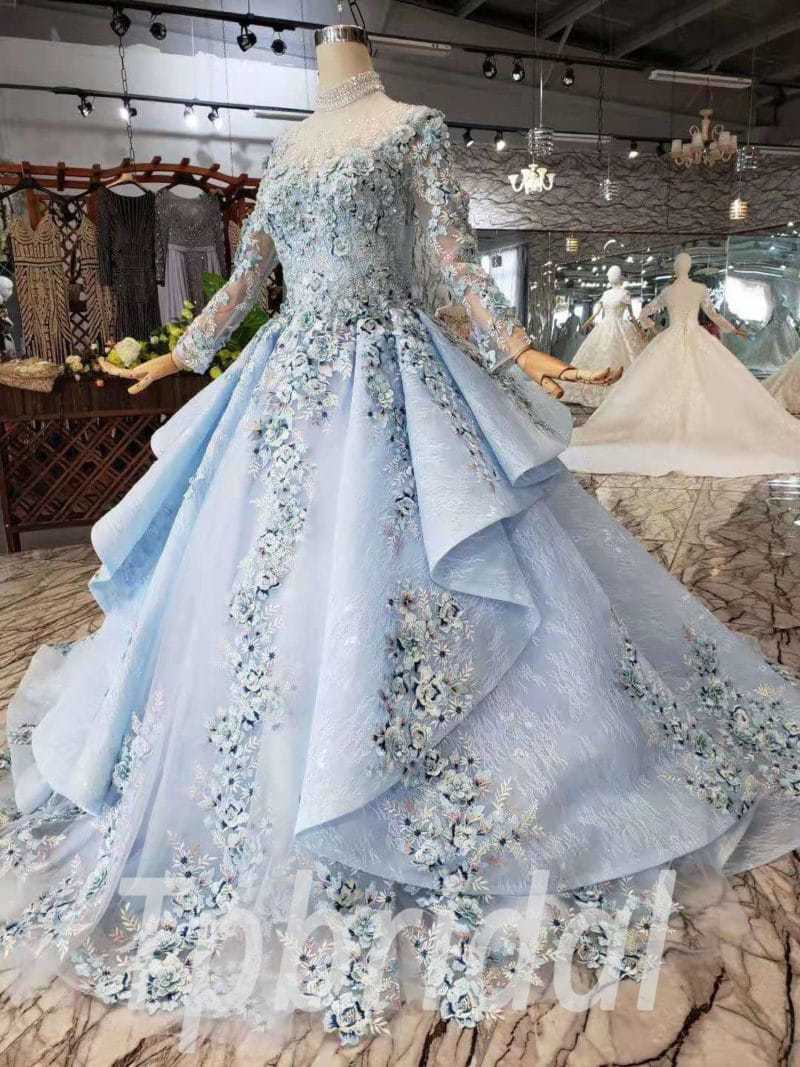 Chic Beautiful Blue Ball Gown Elegant Princess Dress Floral Lace Eveni –  SELINADRESS