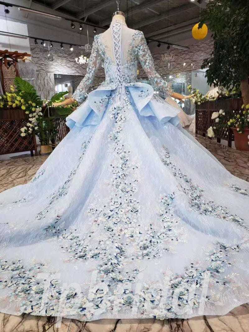 Light Blue Prom Dress High Neck Long Sleeve Quinceanera