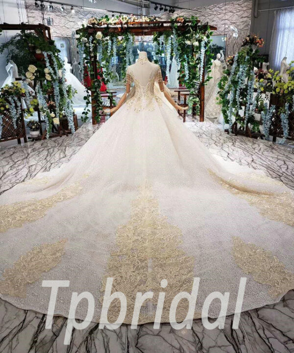 Alternative view of Champagne Wedding Dress Lace High Neck Short Sleeves