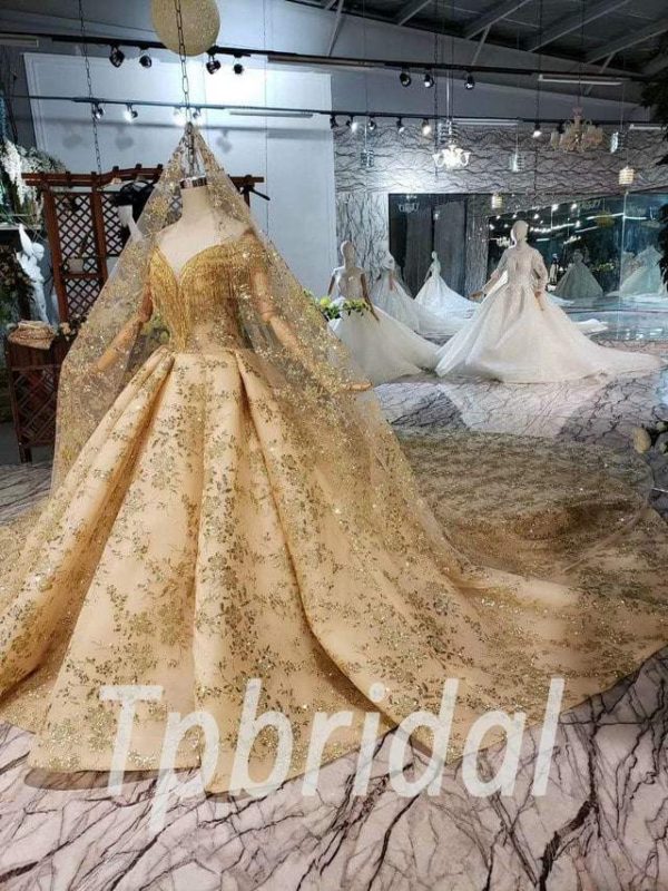 Gold Lace Wedding Dress Bling Off The Shoulder With Veil