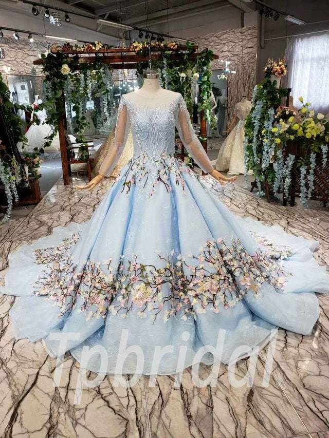  Light  Blue  Wedding  Dress  Ball Gown Long Sleeve With Train