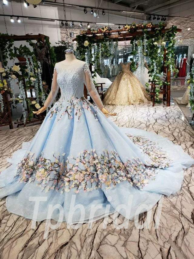 Light Blue Wedding Dress Ball Gown Long Sleeve With Train