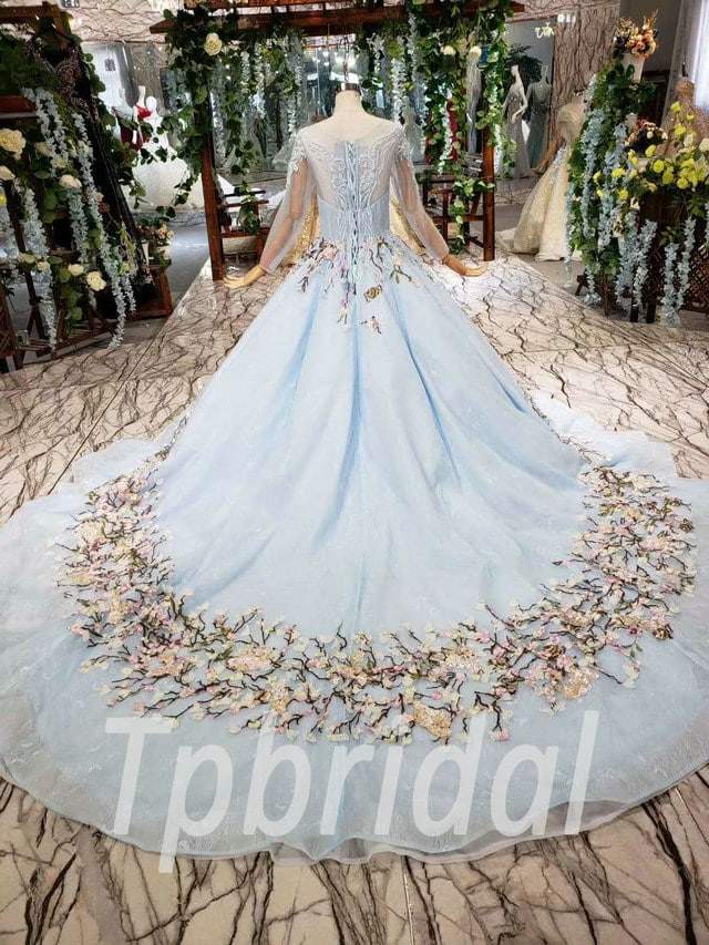 Light Blue Wedding Dress Ball Gown Long Sleeve With Train