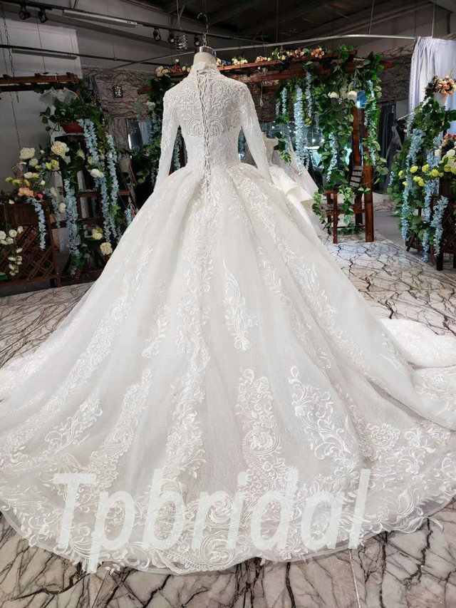 long sleeve lace wedding dress long train