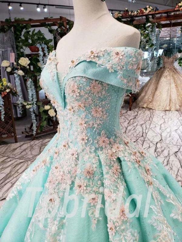 Off The Shoulder Prom Dress Green Mint With Flowers