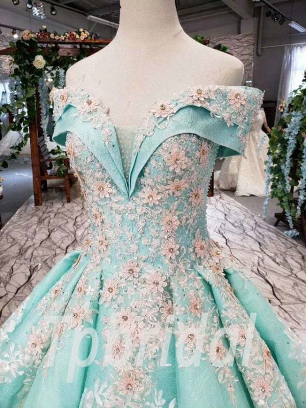 Off The Shoulder Prom Dress Green Mint With Flowers