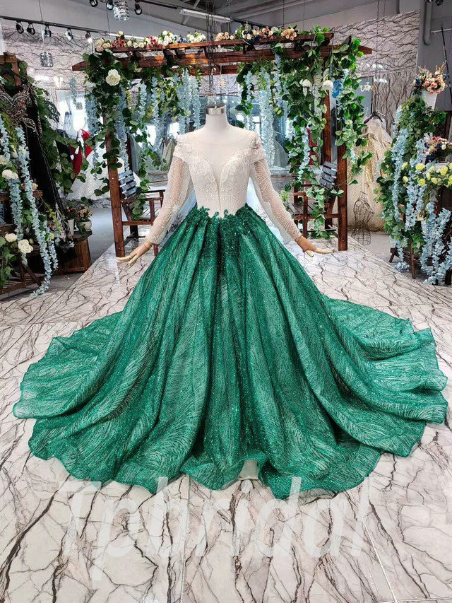Green Prom Dress Ball Gown Long Sleeve Sale