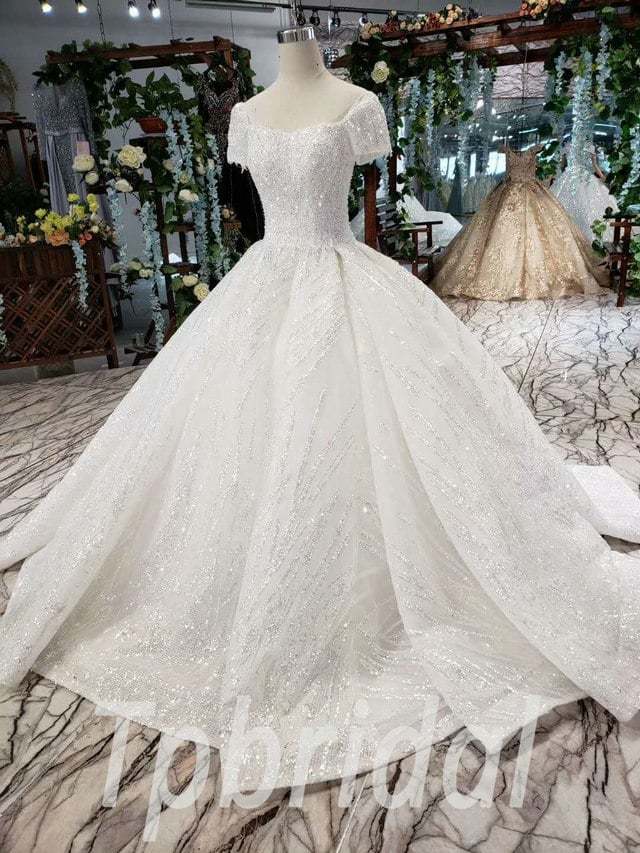 White Shiny Wedding Dress Short Sleeve Bridal Dress Sale