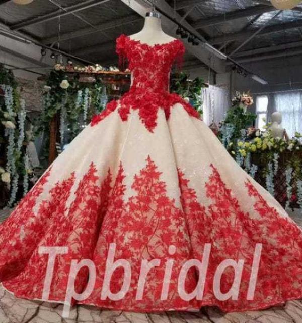 white wedding dress with red train