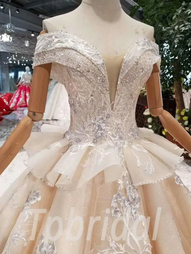A Line Champagne Wedding Dress Long Train Haute Couture - Image 7