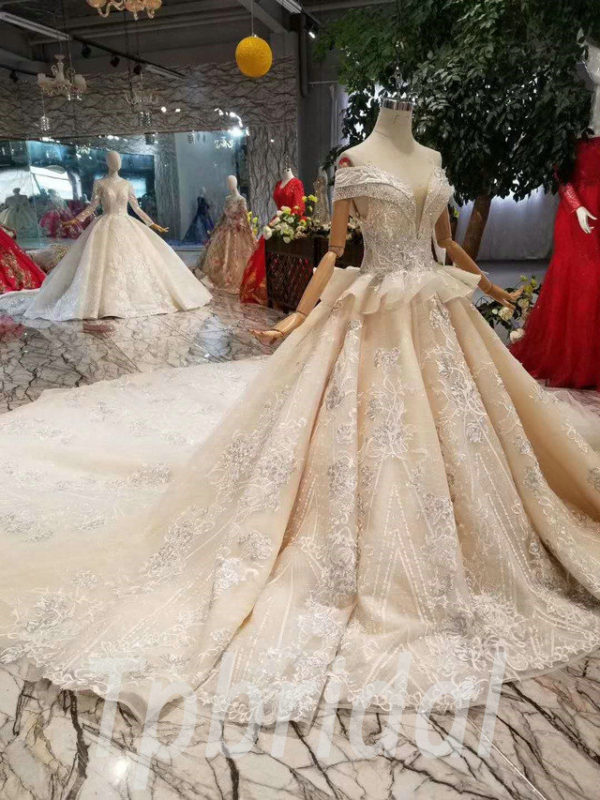 A Line Champagne Wedding Dress Long Train Haute Couture
