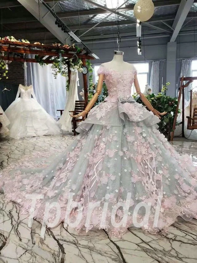 Baby Pink Prom Dress Princess Flowers Grey Quinceanera Train - Image 5