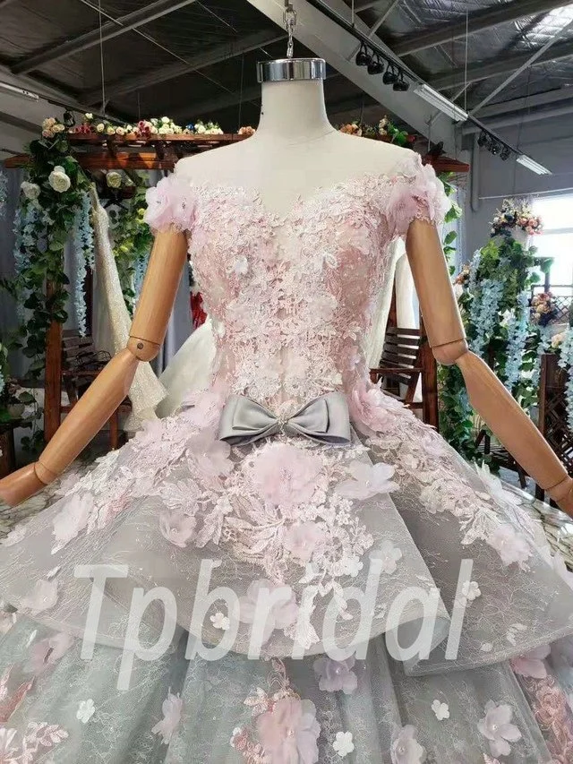 Baby Pink Prom Dress Princess Flowers Grey Quinceanera Train - Image 6