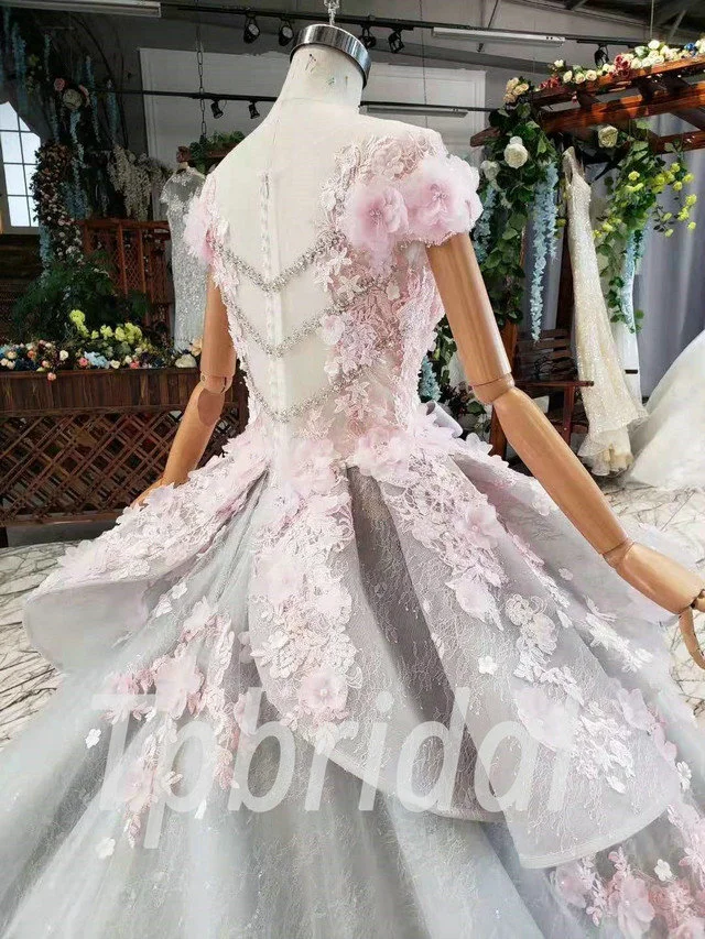 Baby Pink Prom Dress Princess Flowers Grey Quinceanera Train - Image 10