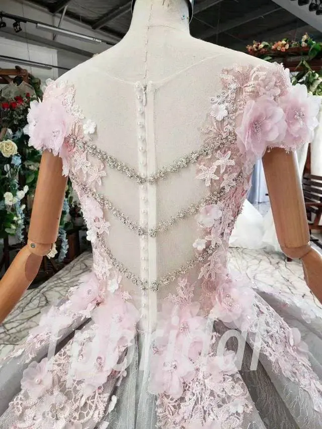 Baby Pink Prom Dress Princess Flowers Grey Quinceanera Train - Image 9