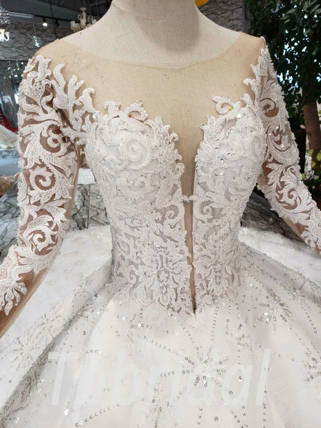 Beaded Lace Wedding Dress Haute Couture White Feather Long Sleeve - Image 8