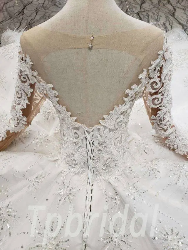 Beaded Lace Wedding Dress Haute Couture White Feather Long Sleeve - Image 9